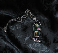 Load image into Gallery viewer, Floral Bat Coffin Necklace - Teal, Pink Roses, Labradorite