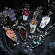 Load image into Gallery viewer, Floral Bat Coffin Necklace - Smoke, Red Baby's Breath, Marbled Onyx
