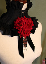 Load image into Gallery viewer, Dearly Departed Corsage - Black Ribbon, Red Roses, Red Baby's Breath on Black Glass