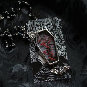 Floral Bat Coffin Necklace - Smoke, Red Baby's Breath, Marbled Onyx