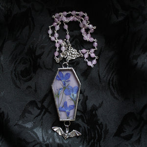 Floral Bat Coffin Necklace - Lavender, Forget Me Not, Lavender Jade