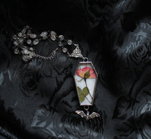 Load image into Gallery viewer, Floral Bat Coffin Necklace - Dusty Rose, Coral Rose, Rose Quartz
