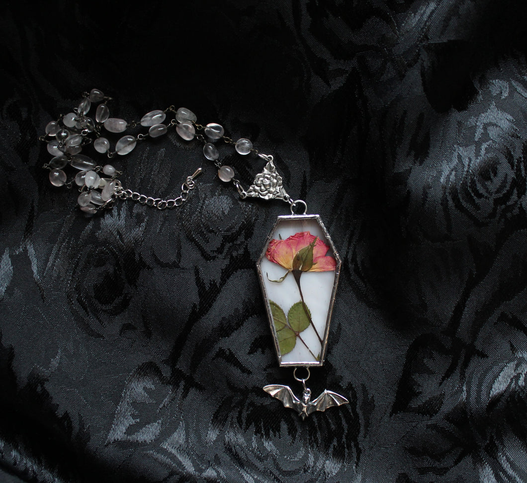 Floral Bat Coffin Necklace - Dusty Rose, Coral Rose, Rose Quartz