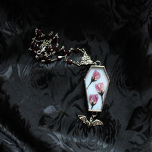 Load image into Gallery viewer, Floral Bat Coffin Necklace - White, Sakura, Garnet
