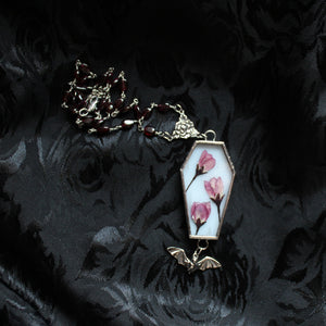 Floral Bat Coffin Necklace - White, Sakura, Garnet