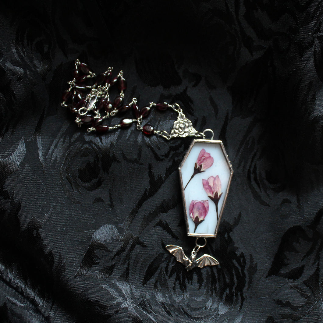 Floral Bat Coffin Necklace - White, Sakura, Garnet