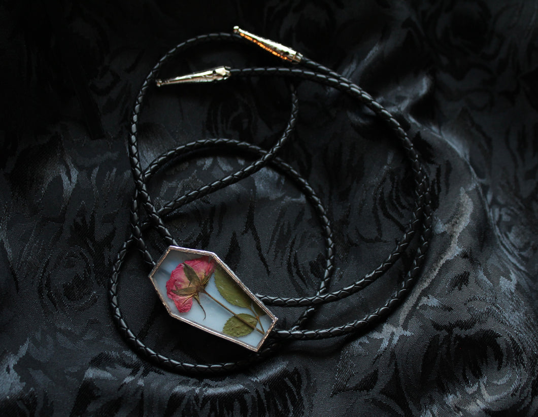Bolo Tie - White and Coral Rose