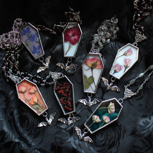 Floral Bat Coffin Necklace - Orange, Orange Roses, Mini Garnet