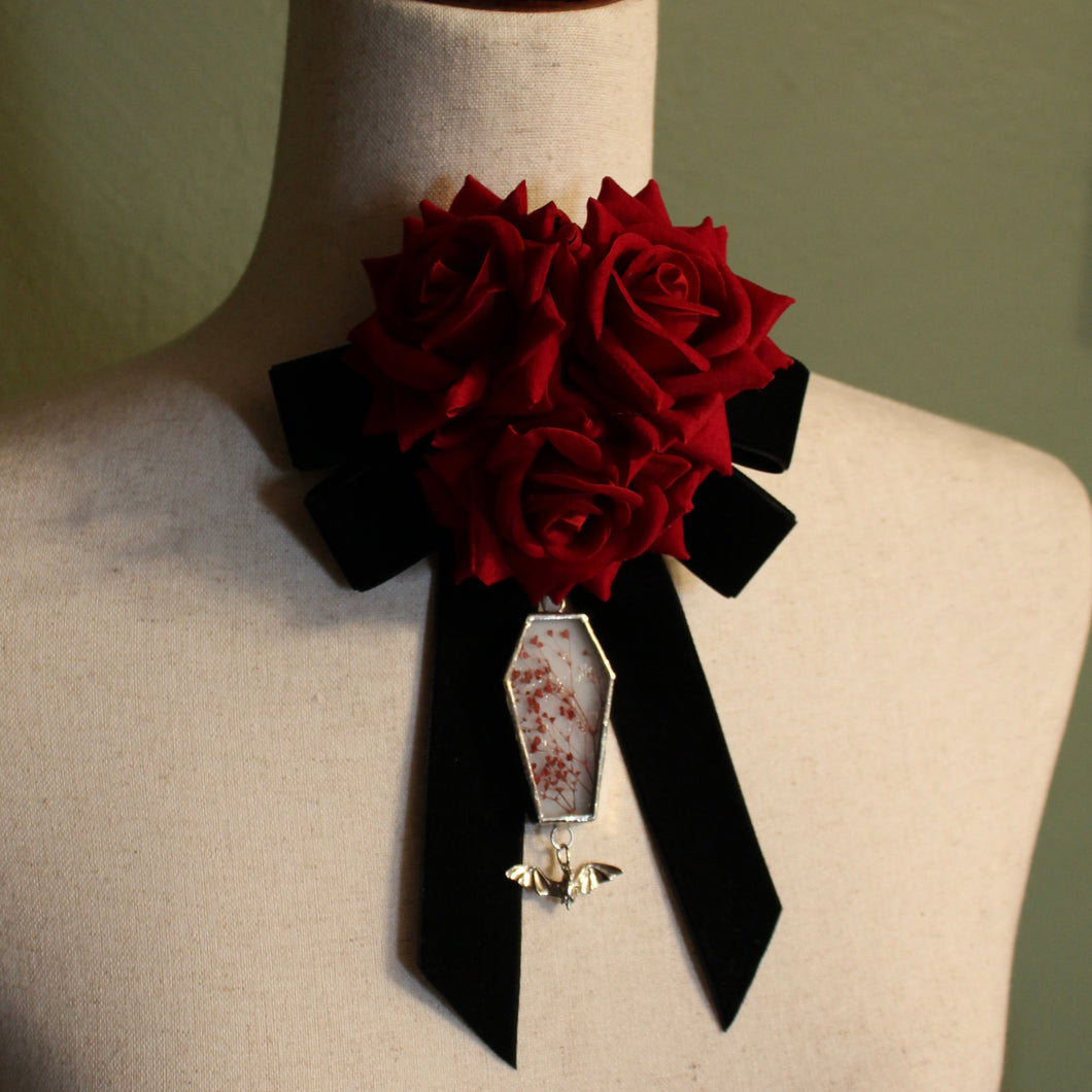 Dearly Departed Corsage - Black Ribbon, Red Roses, Red Baby's Breath on White Glass