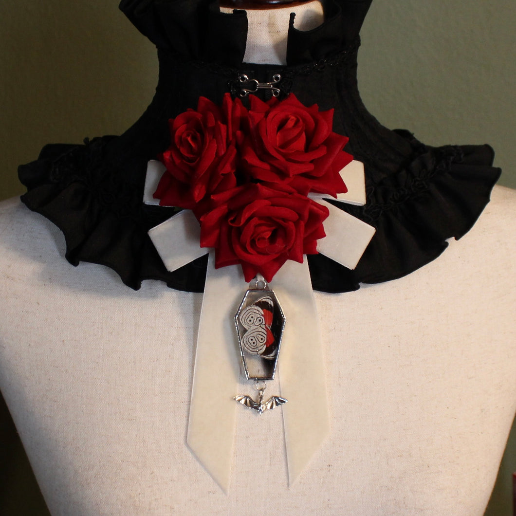 Dearly Departed Corsage - Ivory Ribbon, Red Roses, Cramer's 88