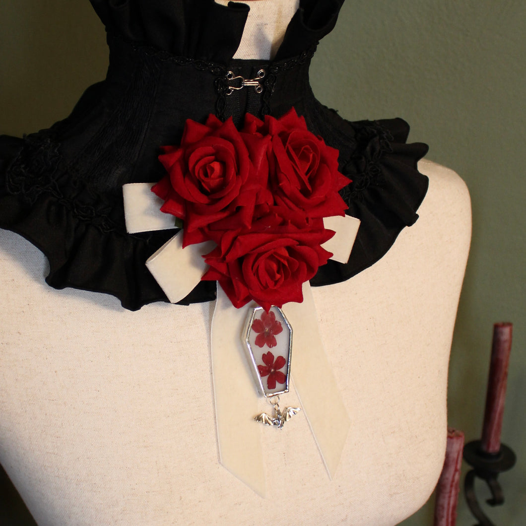 Dearly Departed Corsage - Ivory Ribbon, Red Roses, Red Cosmos