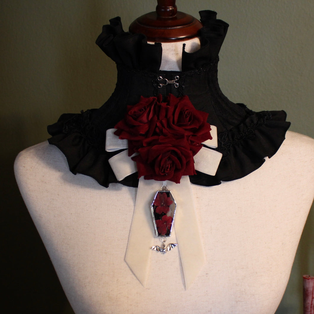 Dearly Departed Corsage - Ivory Ribbon, Wine Roses, Red Cosmos