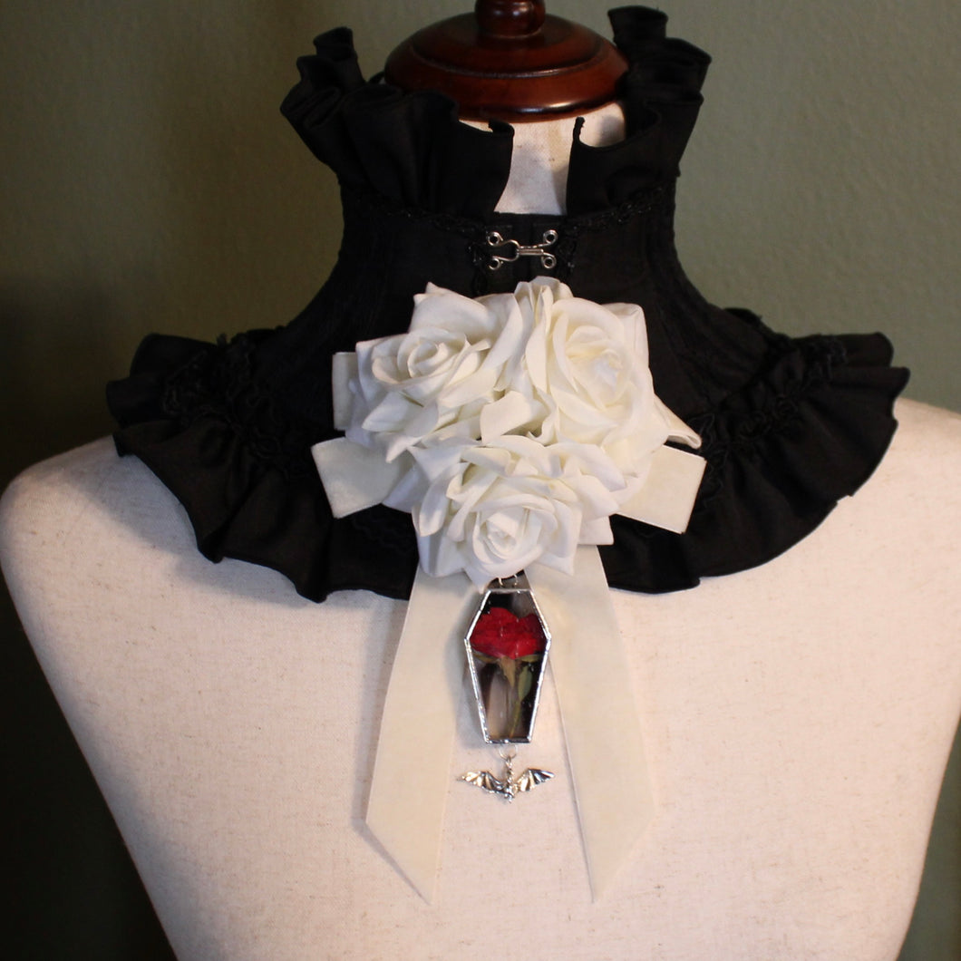 Dearly Departed Corsage - Ivory Ribbon, White Roses, Rice Flowers