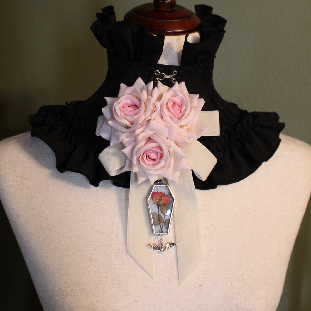 Dearly Departed Corsage - Ivory Ribbon, Pink Roses, Pink Rose