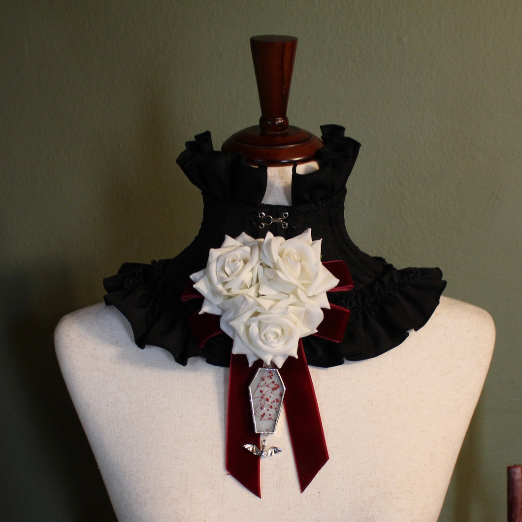 Dearly Departed Corsage - Wine Ribbon, White Roses, Red Baby's Breath