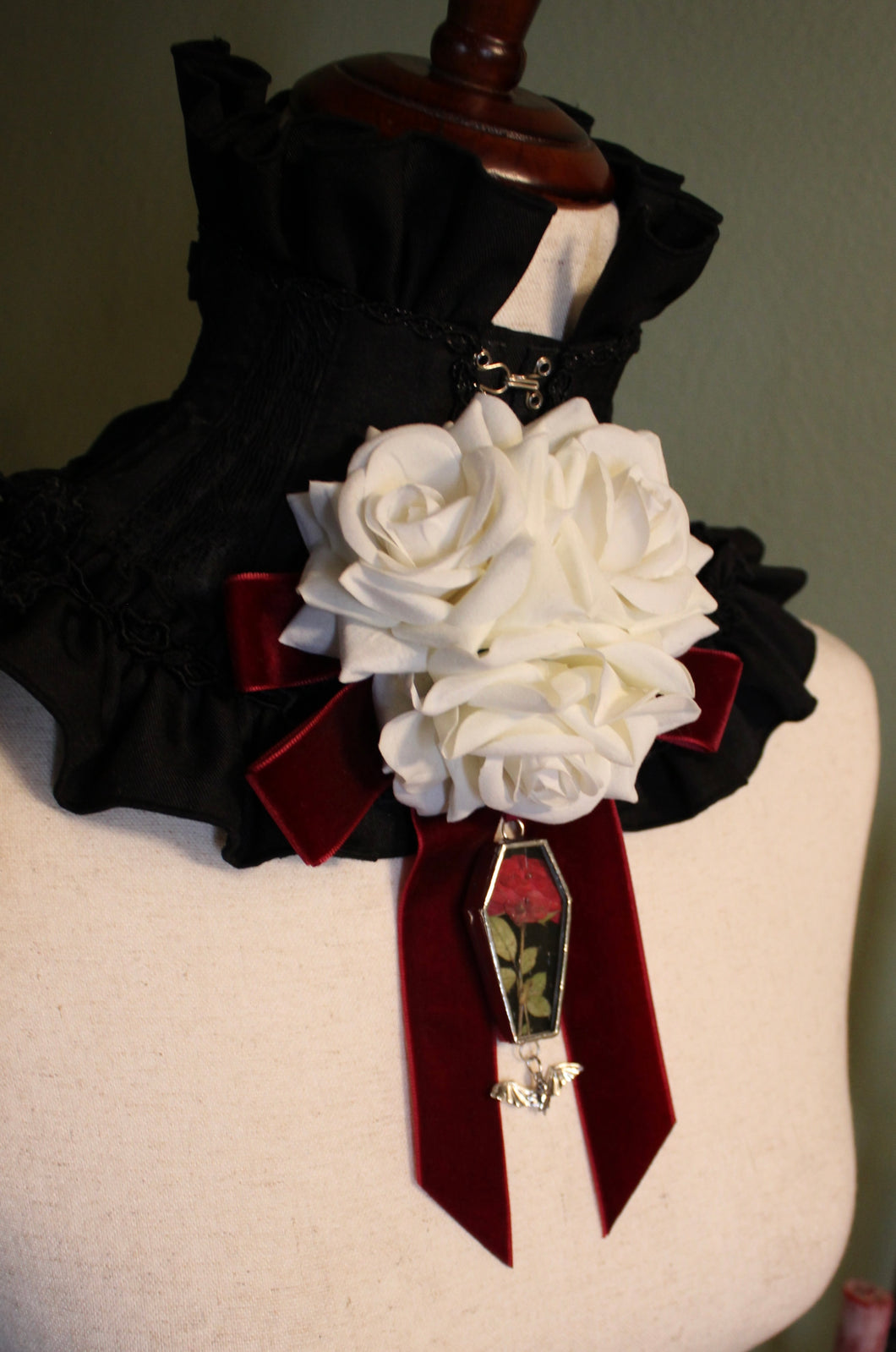 Dearly Departed Corsage - Wine Ribbon, White Roses, Red Rose
