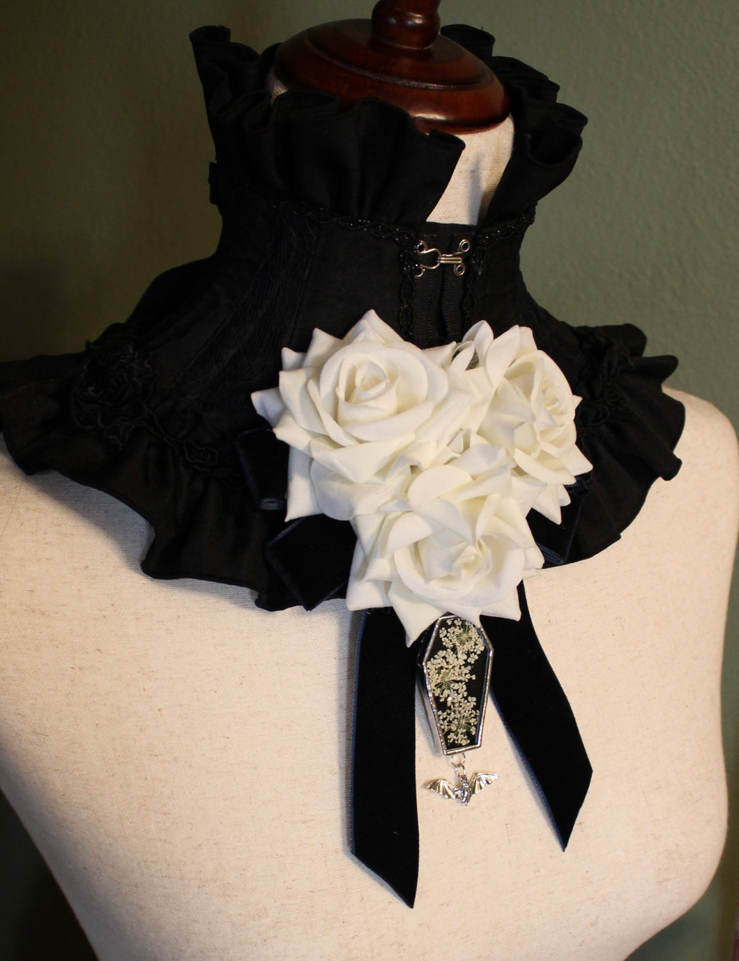 Dearly Departed Corsage - Navy Ribbon, White Roses, Queen Anne's Lace