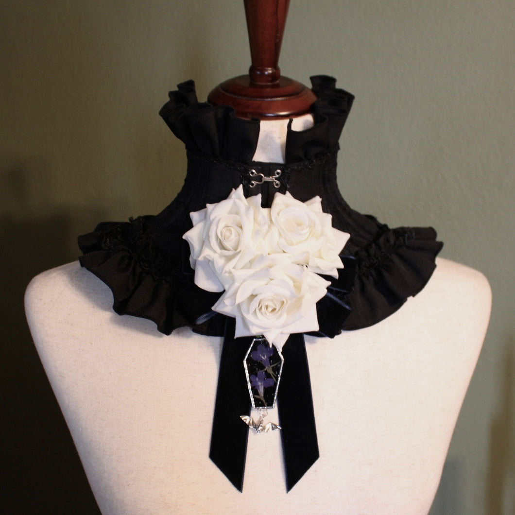 Dearly Departed Corsage - Navy Ribbon, White Roses, Blue Lobelia