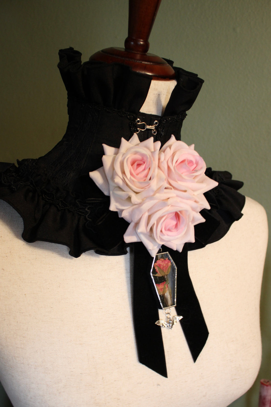 Dearly Departed Corsage - Black Ribbon, Pink Roses, Pink Roses