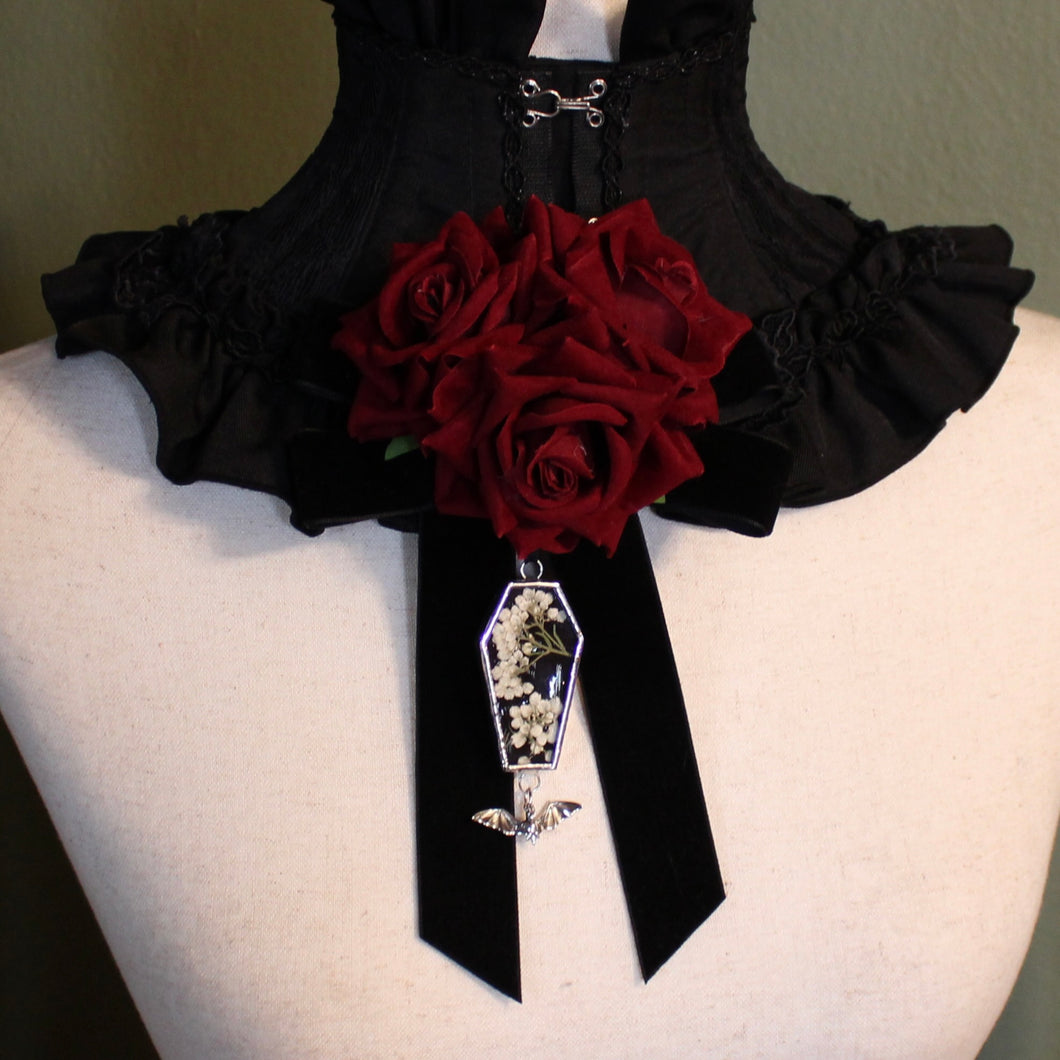 Dearly Departed Corsage - Black Ribbon, Wine Roses, Rice Flowers