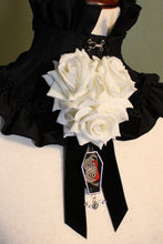 Load image into Gallery viewer, Dearly Departed Corsage - Black Ribbon, White Roses, Cramer&#39;s 88
