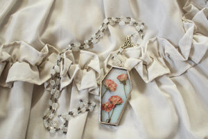 Floral Coffin Rosary - Iridescent White, Pink Roses, Rainbow Moonstone