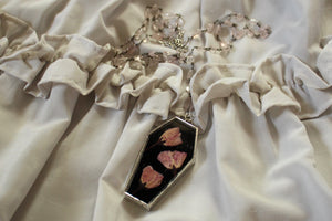 Floral Coffin Rosary - Black, Cherry Blossom, Rose Quartz