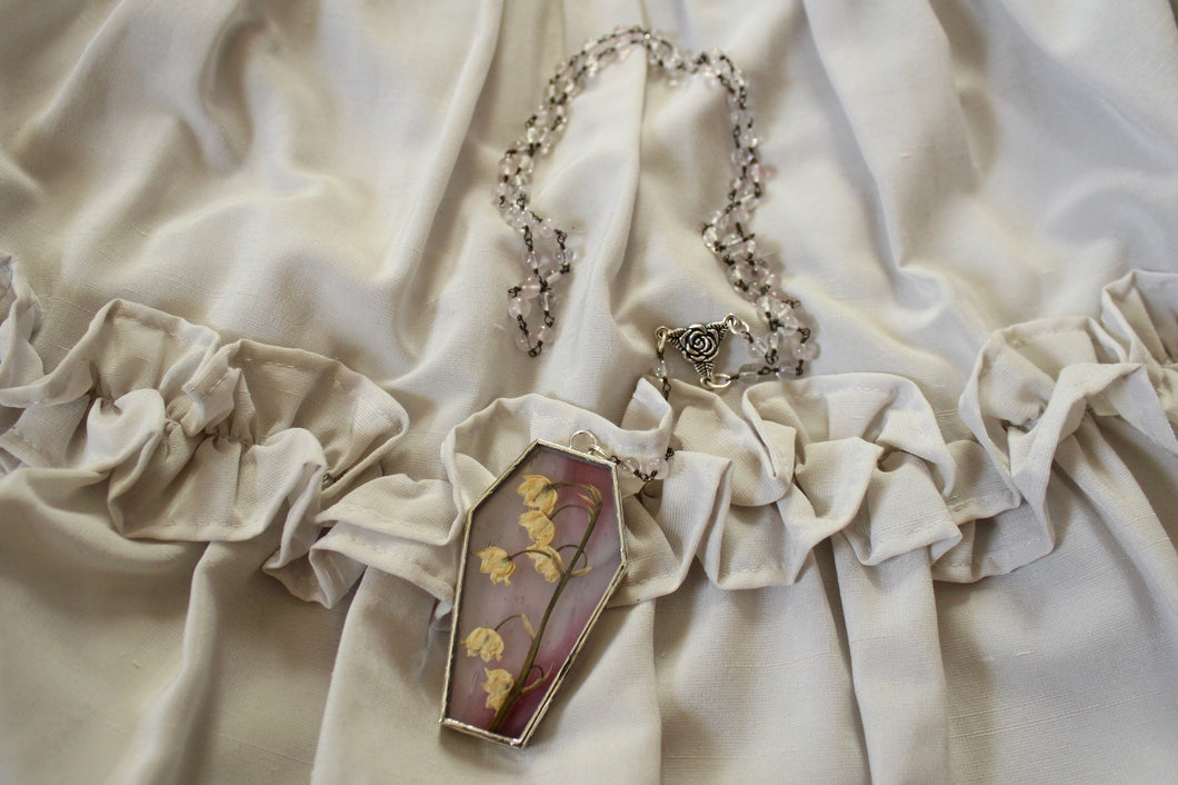 Floral Coffin Rosary - Pink, Lily of the Valley, Rose Quartz