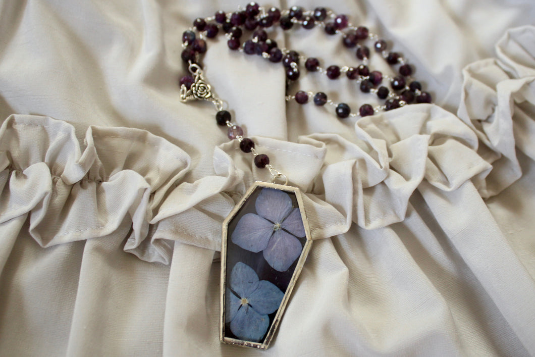 Floral Coffin Rosary - Purple, Hydrangea, Purple Moonstone