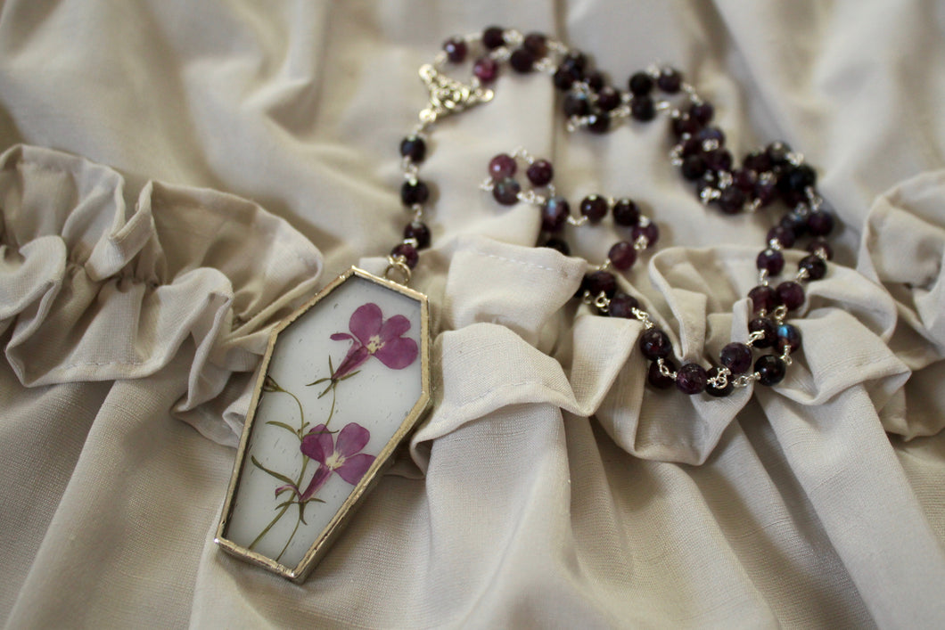 Floral Coffin Rosary - White, Forget-Me-Not, Purple Moonstone