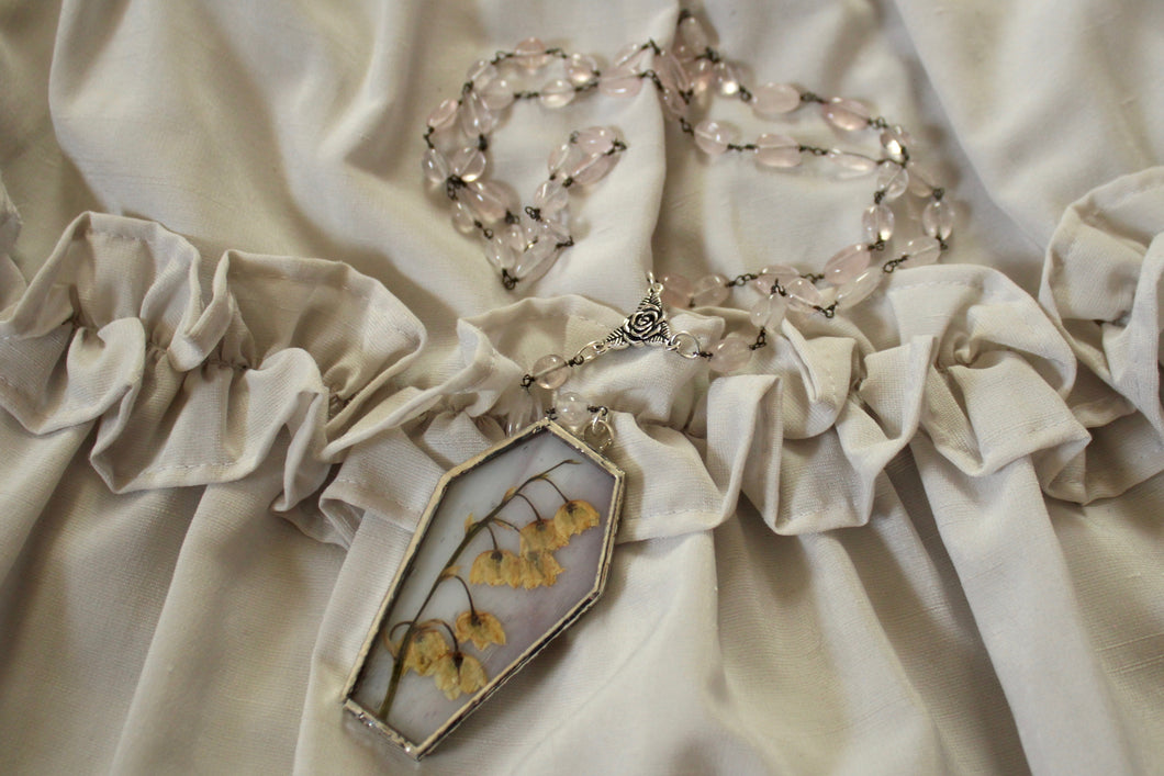 Floral Coffin Rosary - Faint Pink, Lily of the Valley, Rose Quartz