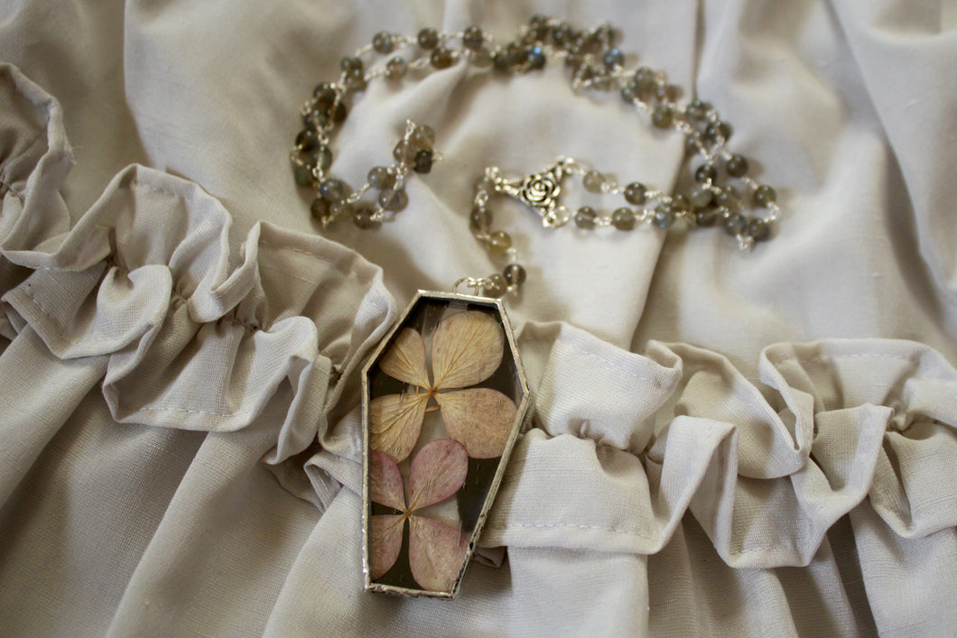 Floral Coffin Rosary - Ghost, Pink Hydrangea, Labradorite