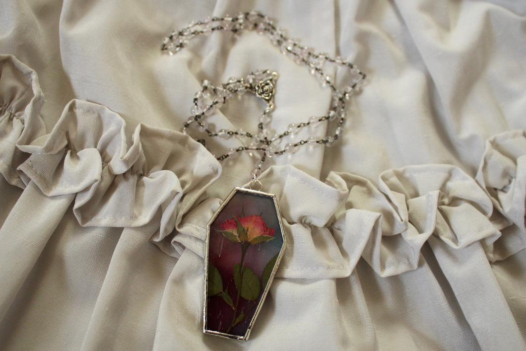 Floral Coffin Rosary - Dark Pink, Pink Rose, Rose Quartz