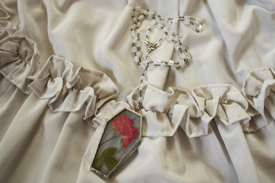Floral Coffin Rosary - Ice, Pink Rose, Rainbow Moonstone