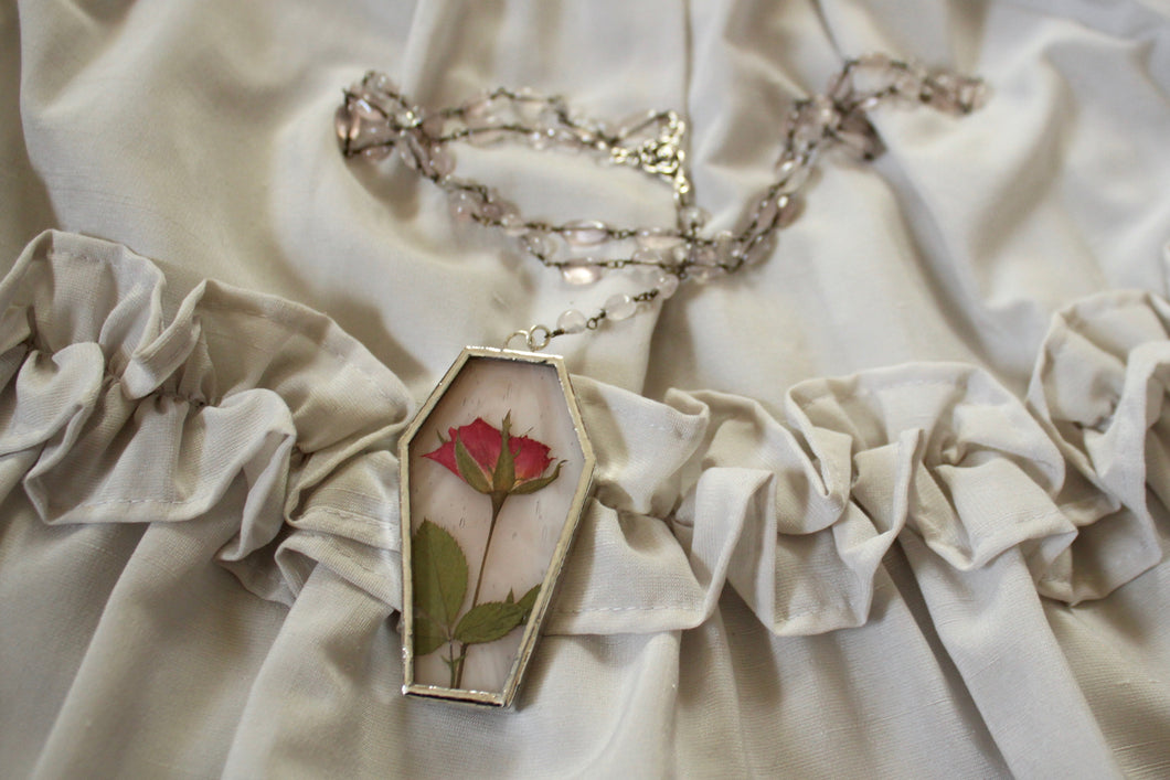 Floral Coffin Rosary - Dusty Rose, Rose, Rose Quartz